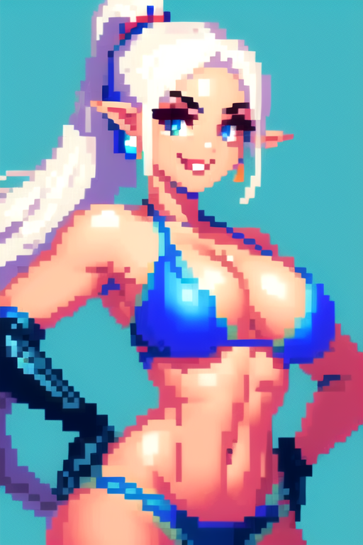 <lora:pixel:0.9>(((pixelart)))  1girl, solo, long hair, breasts, looking at viewer, smile, simple background, red eyes, gloves, navel, jewelry, swimsuit, ponytail, white hair, bikini, earrings, pointy ears, black gloves, elbow gloves, hand on hip, blue background, red bikini