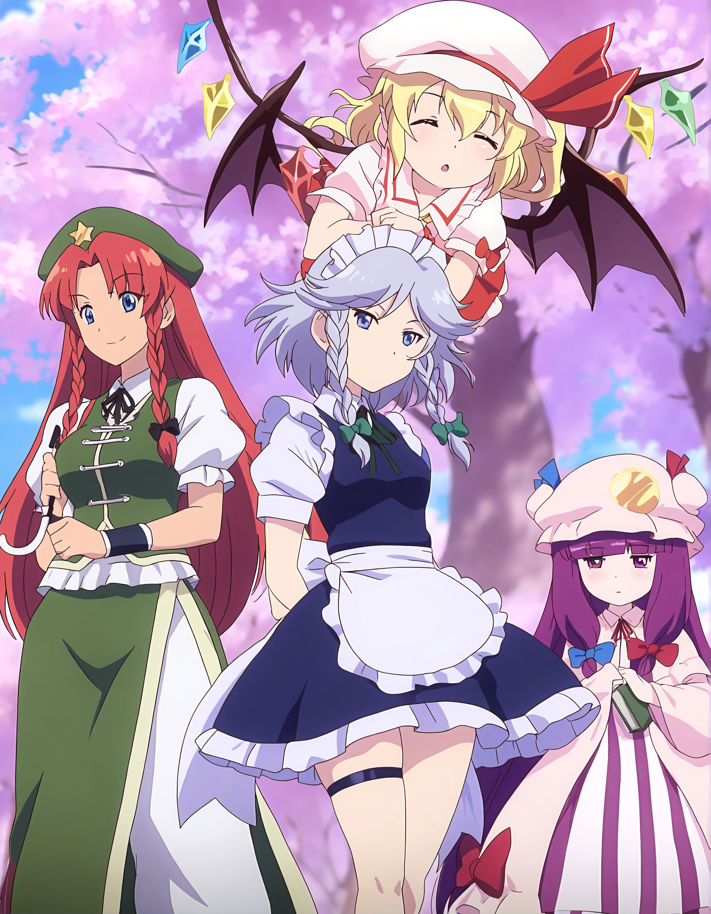 memoriesofphantasm, remilia scarlet, multiple girls, flandre scarlet, izayoi sakuya, patchouli knowledge, hong meiling, umbrella, hat, wings, blonde hair, book, parasol, purple hair, long hair, braid, bat wings, mob cap, red hair, tree, twin braids, cherry blossoms, maid headdress, red eyes, grey hair, dress, hat ornament, crescent, holding book, outdoors, ribbon, ascot, short sleeves, short hair, apron, holding, blue hair, purple eyes, skirt, maid, bow, holding umbrella, star (symbol), waist apron, general, day, shirt, puffy sleeves, frills, hat ribbon, wide sleeves, vest, puffy short sleeves, skirt set, sky, long sleeves, pink dress, crescent hat ornament, smile, hair bow, beret, standing, white shirt, arms up, wrist cuffs, side ponytail, green skirt, red ribbon, yellow ascot, red skirt, 5girls, very long hair, blue dress, blue eyes, star hat ornament, chinese clothes, blue sky, sensitive, crystal, thigh strap, looking at viewer, white apron, maid apron, striped clothes
very awa, masterpiece, best quality, year 2024, newest, highres, absurdres, <lora:memories-of-phantasm-style-noobai-epspred11:1>