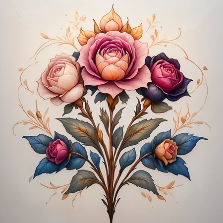 Score_9, score_8_up, score_7_up, score_6_up, BREAK <lora:ArtNouveau2Pony:1> ArsMJStyle, art nouveau,, The image shows a vibrant floral tapestry featuring intertwined roses, poppies, and chrysanthemums, surrounded by curling ivy and delicate tendrils. The background is a soft cream with faint gold accents, enhancing the elegance of the botanical arrangement., no humans, flower, still life, roses, poppies, chrysanthemums, ivy, decorative patterns, traditional media, intricate details, gold accents, ornamental