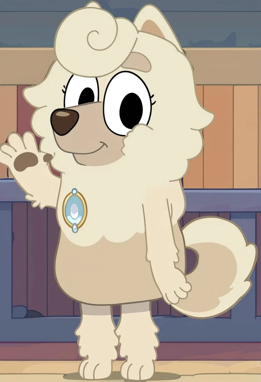 score_7_up, score_8_up, score_9, masterpiece, high quality,
WendyBluey, female, furry female, solo, 1girl, adult, cartoon, anthro dog, dog ears, chow chow, beige fur, black eyes,
front hair curl, silver brooch, brown nose, dog tail,
smiling, looking at viewer, waving,
standing, full body view, full body