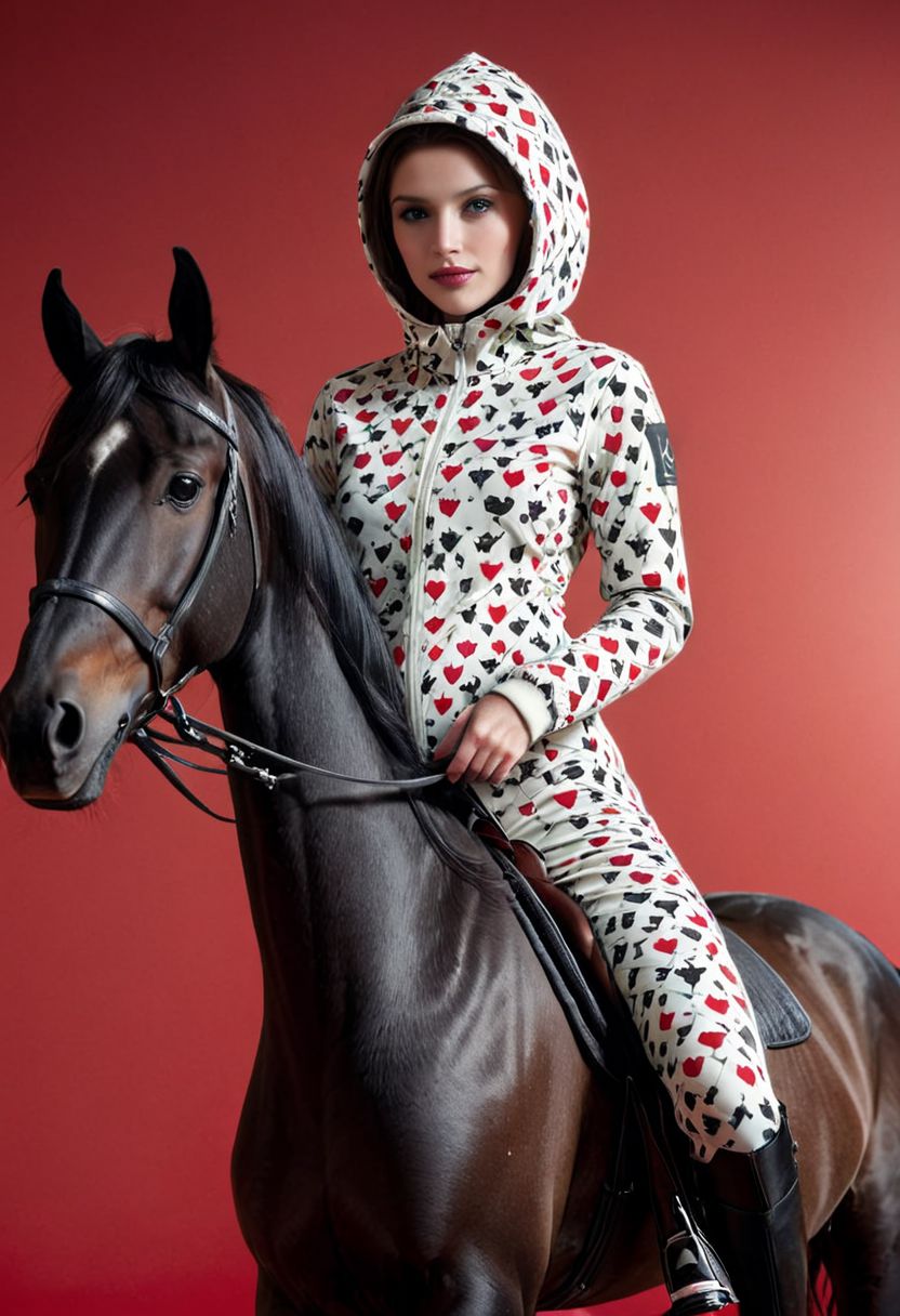 A shrouded Silhouette in darkness of a blushed slightly light smiling riding woman in Argyle/caro printed bodysuit with camo-white Camouflage hooded parka, riding a black glossy horse, a scene with vibrant red and black details, White Makeup, very detailed, atmospheric haze, Film grain, cinematic film still, shallow depth of field, highly detailed, high budget, cinemascope, moody, epic, OverallDetail, 2000s vintage RAW photo, photorealistic, candid camera, color graded cinematic, eye catchlights, atmospheric lighting, imperfections, natural, shallow dof