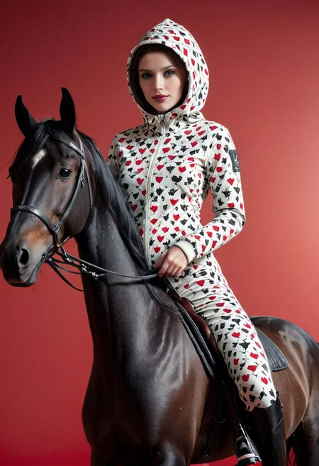 A shrouded Silhouette in darkness of a blushed slightly light smiling riding woman in Argyle/caro printed bodysuit with camo-white Camouflage hooded parka, riding a black glossy horse, a scene with vibrant red and black details, White Makeup, very detailed, atmospheric haze, Film grain, cinematic film still, shallow depth of field, highly detailed, high budget, cinemascope, moody, epic, OverallDetail, 2000s vintage RAW photo, photorealistic, candid camera, color graded cinematic, eye catchlights, atmospheric lighting, imperfections, natural, shallow dof