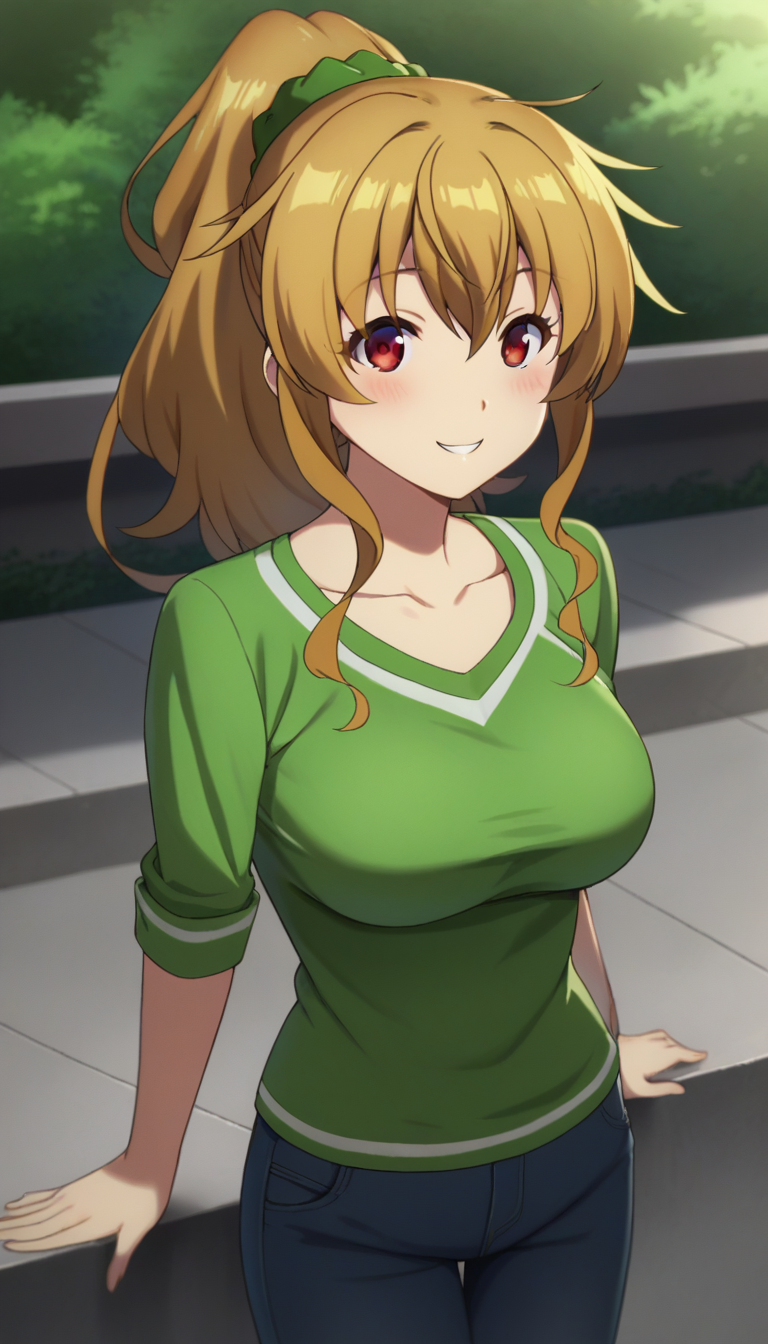 score_9,score_8_up,masterpiece,best quality,correct anatomy,anime_source,1girl,solo,perfect eyes,perfect arms,perfect legs,perfect face,outdoors,upper body,(portrait:1.5),looking at viewer,facing viewer,smile,blush,Nanako Kogure,long hair,brown hair,high ponytail,shiny hair,hair intakes,hair ornament,hair scrunchie,green scrunchie,sidelocks,hair between eyes,bangs,red eyes,collarbone,green shirt,long sleeves,large breasts,jeans,pants rolled up,loafers,<lora:Nanako Kogure(bnr)-Pony:1.8>,