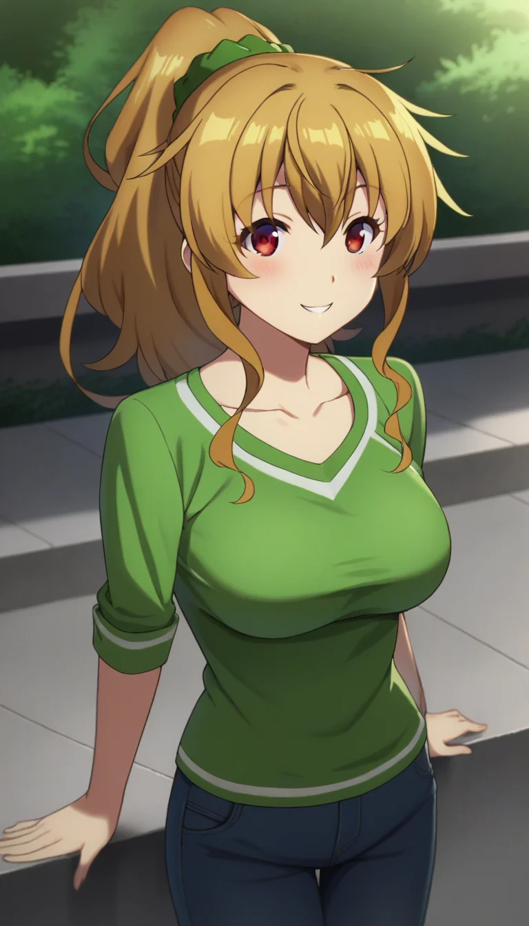 score_9,score_8_up,masterpiece,best quality,correct anatomy,anime_source,1girl,solo,perfect eyes,perfect arms,perfect legs,perfect face,outdoors,upper body,(portrait:1.5),looking at viewer,facing viewer,smile,blush,Nanako Kogure,long hair,brown hair,high ponytail,shiny hair,hair intakes,hair ornament,hair scrunchie,green scrunchie,sidelocks,hair between eyes,bangs,red eyes,collarbone,green shirt,long sleeves,large breasts,jeans,pants rolled up,loafers,<lora:Nanako Kogure(bnr)-Pony:1.8>,