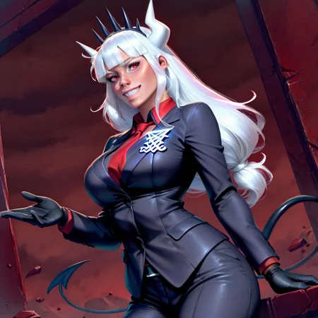 best quality, masterpiece, krysdeckerStyleIL, semi-realistic, 1girl, solo, lucifer \(helltaker\), black suit, red necktie, black collared shirt, black gloves, blunt bangs, demon horns, demon girl, demon tail, sharp teeth, red eyes, white hair, long hair
