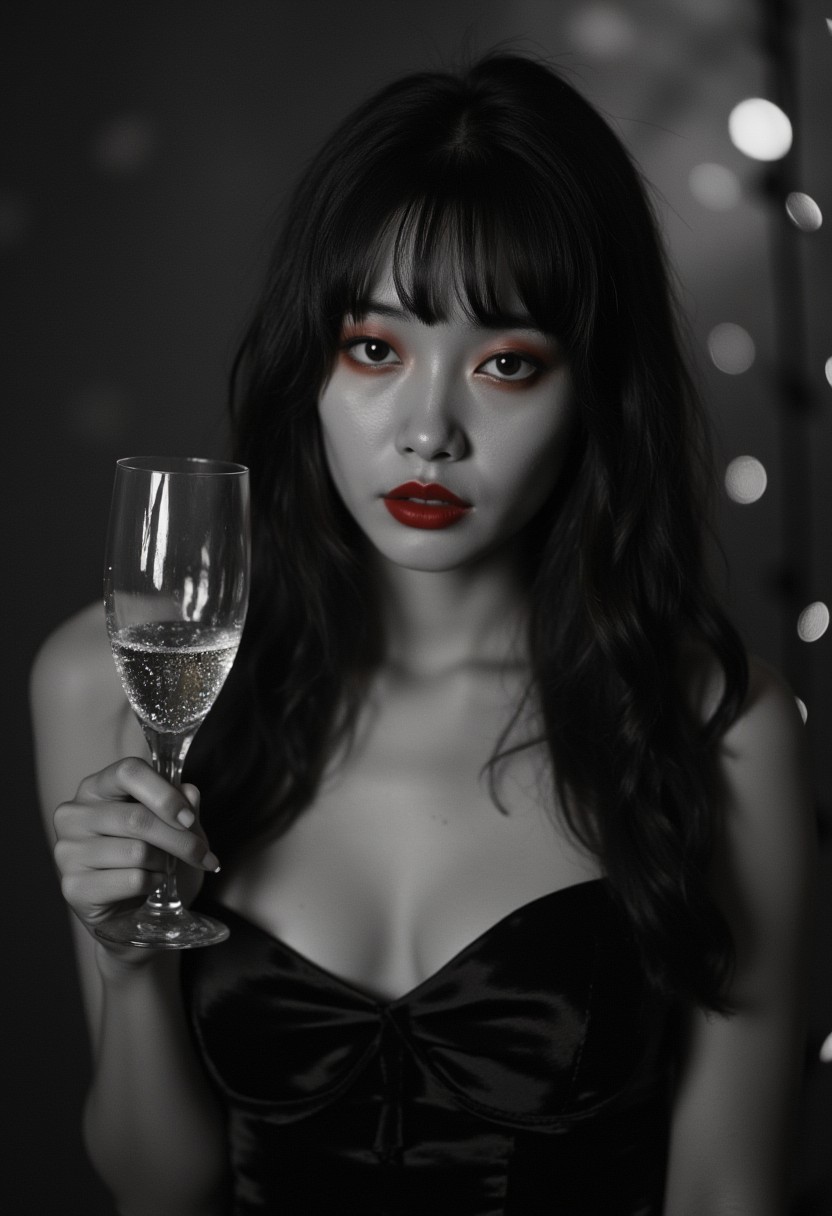 monochrome, b&w, red lips, girl, cute Asian girl with dark hair,slanted eyes,red eye makeup, in hand champagne flute, black dress,outline with zirconia light, intricate details, vintage, surreal, hyper-detailed, professional photoshoot, ultra-sharp, vivid colors, holiday lighting, 50mm lens, aidmaimageupgrader, E1Ro1g1er1s, black and white vintage