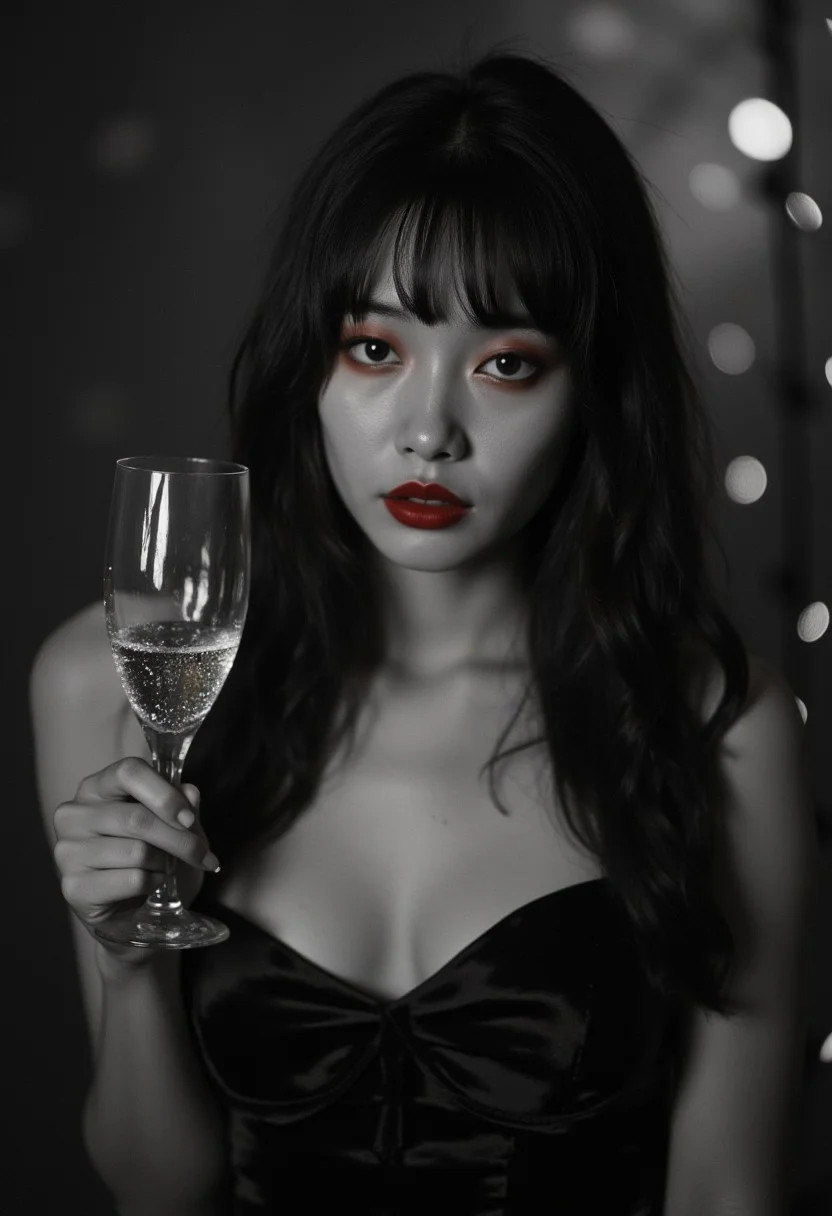 monochrome, b&w, red lips, girl, cute Asian girl with dark hair,slanted eyes,red eye makeup, in hand champagne flute, black dress,outline with zirconia light, intricate details, vintage, surreal, hyper-detailed, professional photoshoot, ultra-sharp, vivid colors, holiday lighting, 50mm lens, aidmaimageupgrader, E1Ro1g1er1s, black and white vintage