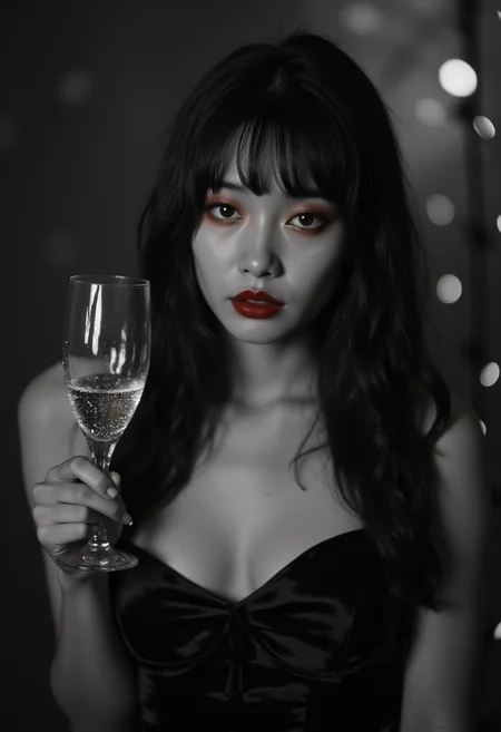monochrome, b&w, red lips, girl, cute Asian girl with dark hair,slanted eyes,red eye makeup, in hand champagne flute, black dress,outline with zirconia light, intricate details, vintage, surreal, hyper-detailed, professional photoshoot, ultra-sharp, vivid colors, holiday lighting, 50mm lens, aidmaimageupgrader, E1Ro1g1er1s, black and white vintage