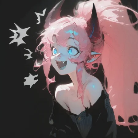 (Blend_in, black background), score_9, score_8_up, score_7_up, masterpiece, best quality, absurdres, highly detailed, monochrome, greyscale, spot color, portrait, 1girl, Lynn Pink, blue eyes, pink hair ponytail, tail, horns, pointy ears, fangs, (((adult))), small breasts, denim shorts, simple shirt, long sleeves, off shoulder, no bra, happy, (^^, :D:1.5)