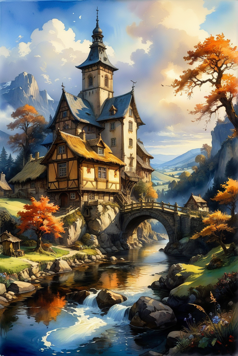 A hyper-realistic, ultra-detailed watercolor painting featuring a fantastical landscape with a village at the end of time. The scene has a perfect composition and chiaroscuro inspired by Rembrandt, with concept art elements by Mariusz Lewandowski, Louis Aston Knight, Karine Eibatova, John Howe, Jessica Rossier, JarosÅaw JaÅnikowski, Inessa Garmash, HenriÃ«tte Ronner-Knip, and Harumi Hironaka. The painting is vibrant, beautiful, painterly, detailed, and textural.
Watercolor painting, masterpiece, best quality, hyper detailed, ultra realistic, 32k, RAW photo, landscape, fantasy, village at the end of time, perfect composition, chiaroscuro by Rembrandt, concept art, vibrant, beautiful, painterly, detailed, textural, artistic, Rembrandt, Mariusz Lewandowski, Louis Aston Knight, Karine Eibatova, John Howe, Jessica Rossier, JarosÅaw JaÅnikowski, Inessa Garmash, HenriÃ«tte Ronner-Knip, Harumi Hironaka.
<lora:add-detail-xl:1.0>,
<lora:EnvyBetterHiresFixXL01:1.0>,
<lora:extremely_detailed:1.0>, extremely detailed,
<lora:EldritchMixIllustration_1.1:0.6>,
<lora:watercolor:0.4> watercolor,
<lora:EnvyInkSwirlXL01:0.25> swirling ink,