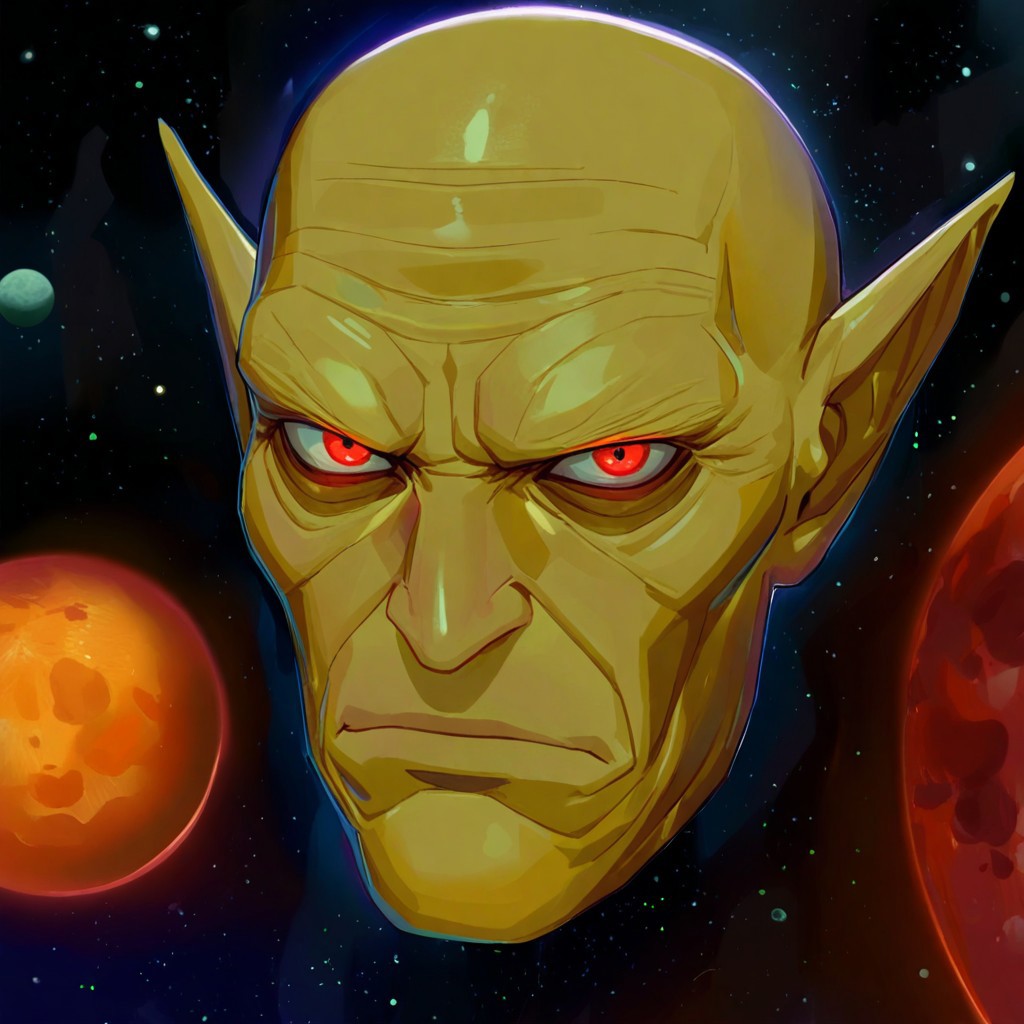 masterpiece, best quality, amazing quality, very aesthetic, absurdres, newest, drvenoilxl as a disembodied head floating in space, 1boy, red eyes, male focus, pointy ears, ((((yellow skin)))), scowl, serious, looking at viewer, space backdrop, (((old man))), wrinkles, alien, ((((disembodied head)))), solo