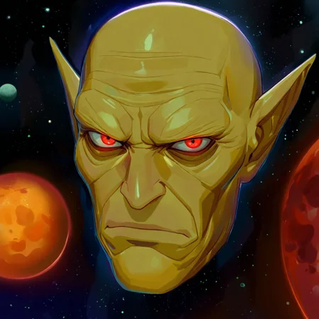 masterpiece, best quality, amazing quality, very aesthetic, absurdres, newest, drvenoilxl as a disembodied head floating in space, 1boy, red eyes, male focus, pointy ears, ((((yellow skin)))), scowl, serious, looking at viewer, space backdrop, (((old man))), wrinkles, alien, ((((disembodied head)))), solo