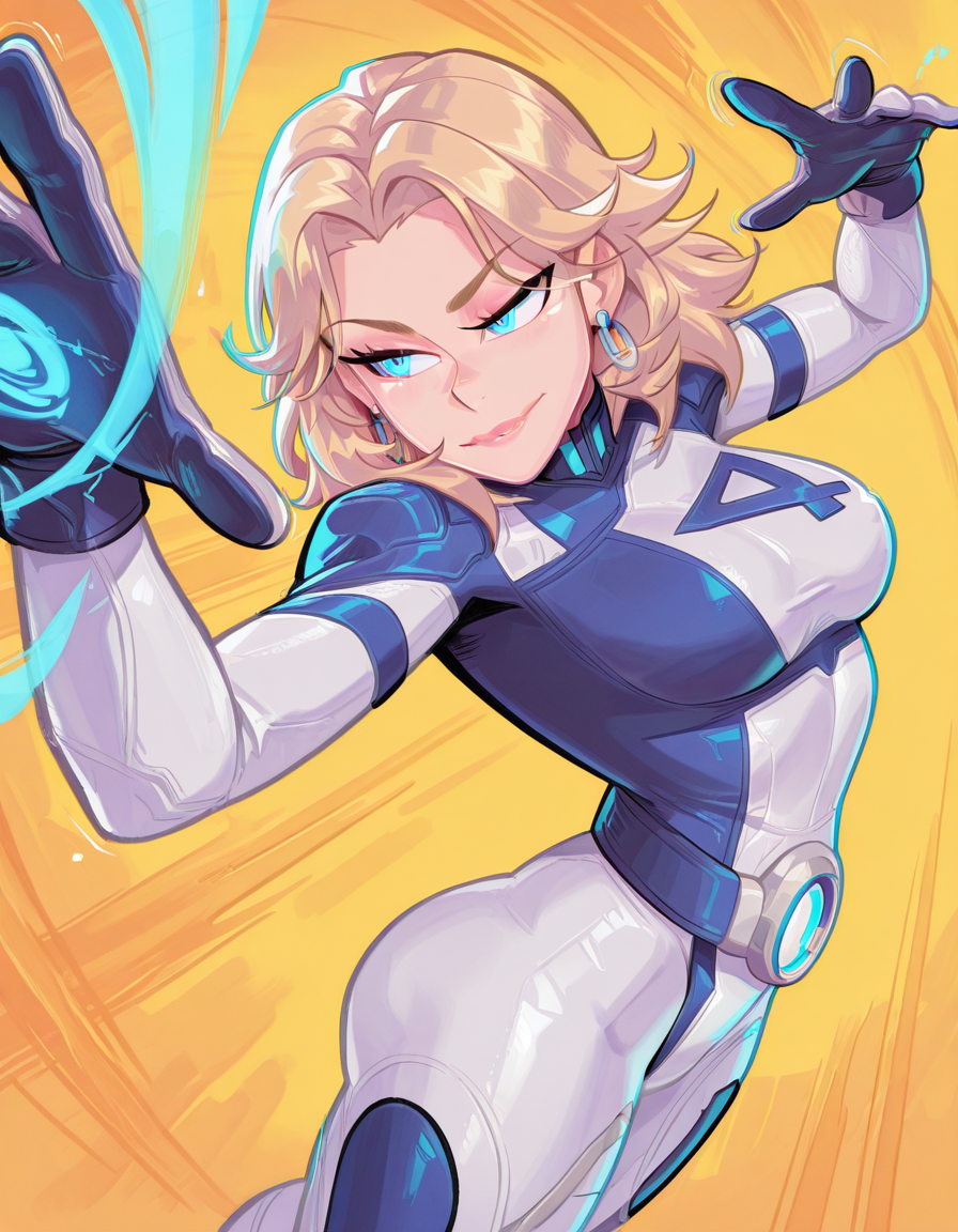 highres, hi res, best quality, masterpiece, intricate details, absurdres, number 4,
1girl, blonde hair, blue eyes, earrings, bodysuit, gloves, (SueStormXL:1.1).
 looking away, sexy pose, hands up, energy around, dutch angle, from above, masterpiece,best quality,amazing quality, dynamic background, yellow background, abstract background, dynamic pose, in motion, cowboy shot,  ,score_9_up, score_8_up,  score_7_up, score_6_up, score_5_up, score_4_up, , , , , <lora:KissClaw-Dddecadent_V2:1> <lora:ASueStorm_character-12:0.8>