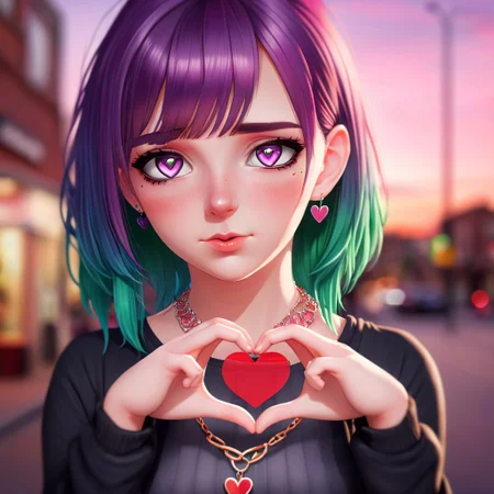 photorealistic image, a portrait of a cute girl with a necklace with the text: "Valentines",  green eyes and purple hair, detailed, 90mm photography,depth of field,sunset,street background,bokeh,heart-shaped pupils,heart shaped hands
