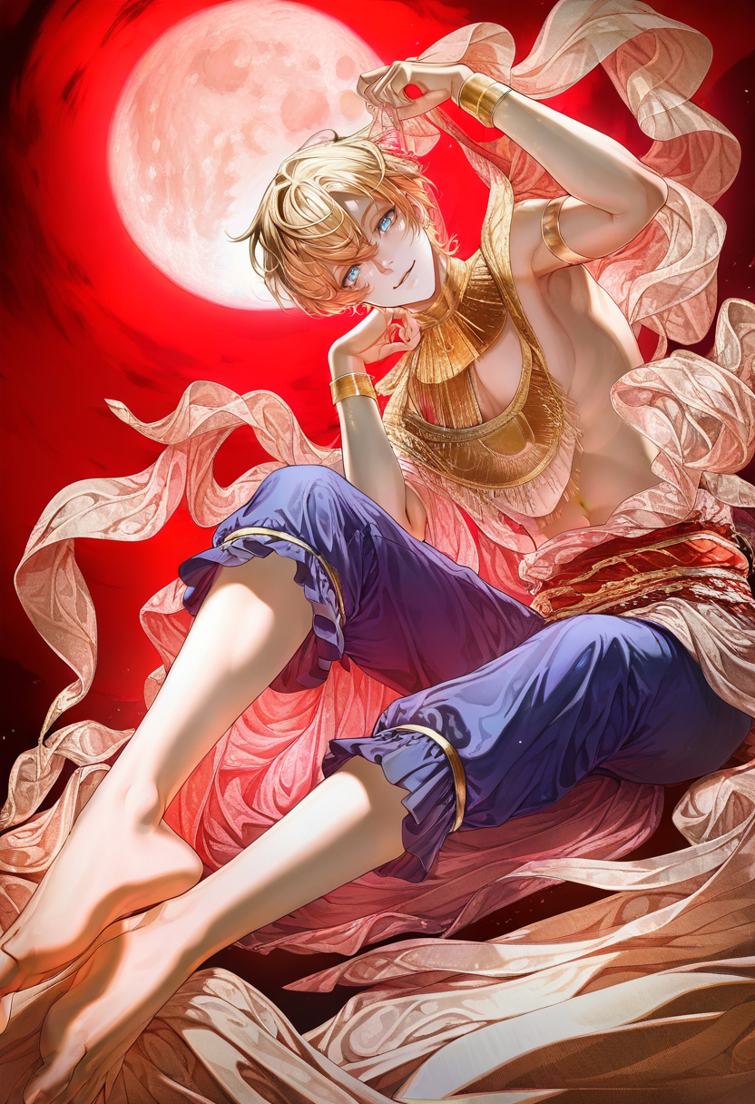 blue eyes, moon, blonde hair, barefoot, jewelry, bracelet, 1boy, male focus, red moon, looking at viewer, short hair, sitting, feet, shawl, pants, holding, smile, full moon, parted lips, red sky <lora:cuso4XL_NBVP1_lokr_V6311PZ:0.95>