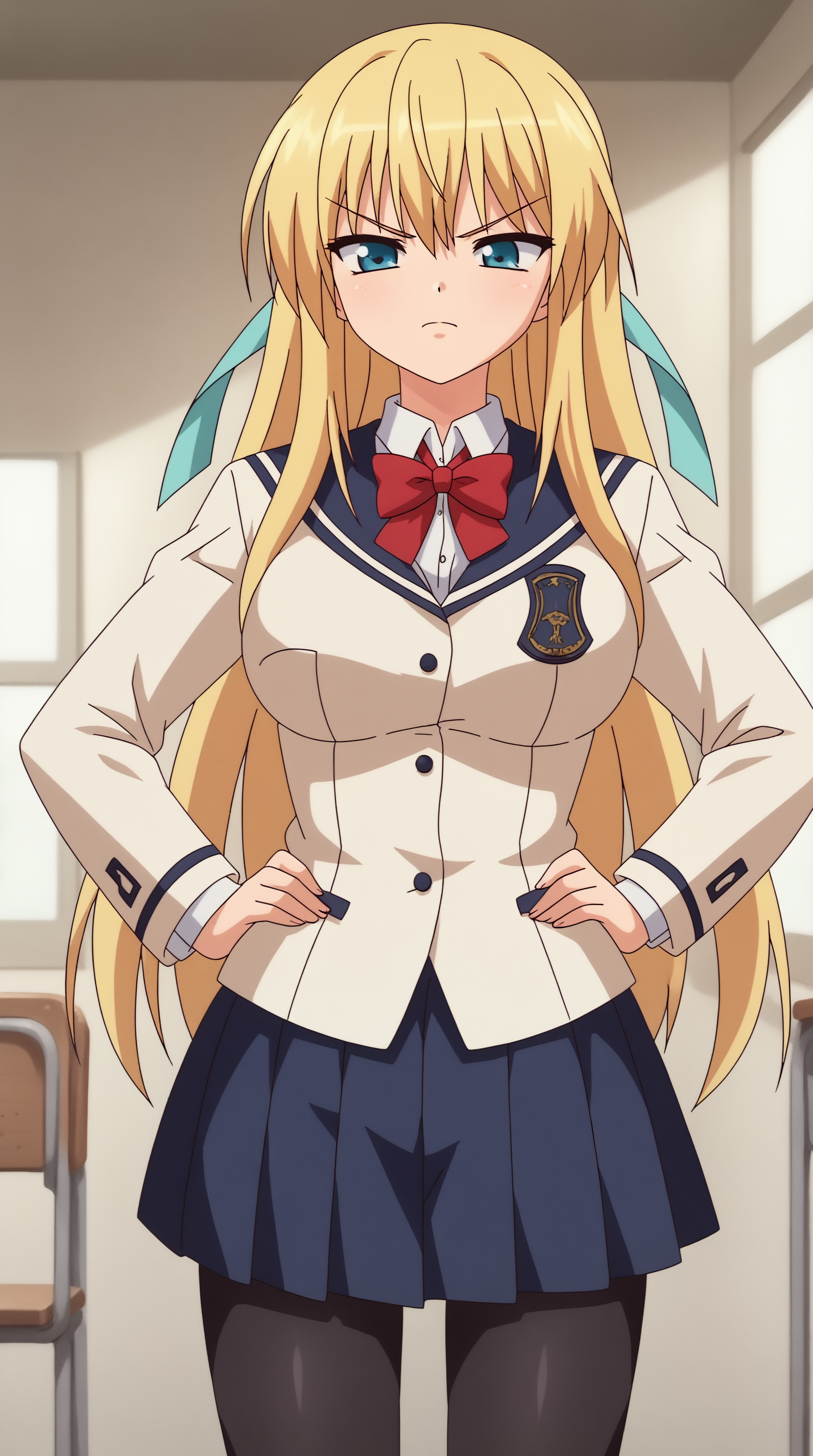 score_9, score_8_up, score_7_up, best background, detailed background, 4k, upscale, anime_source,  Ermalit De Blanchefort,  skirt, school uniform, pantyhose, solo, chair,  tsundere, angryn, hands on hips,  <lora:JN_Ermalit_De_Blanchefort_Pony:0.8>