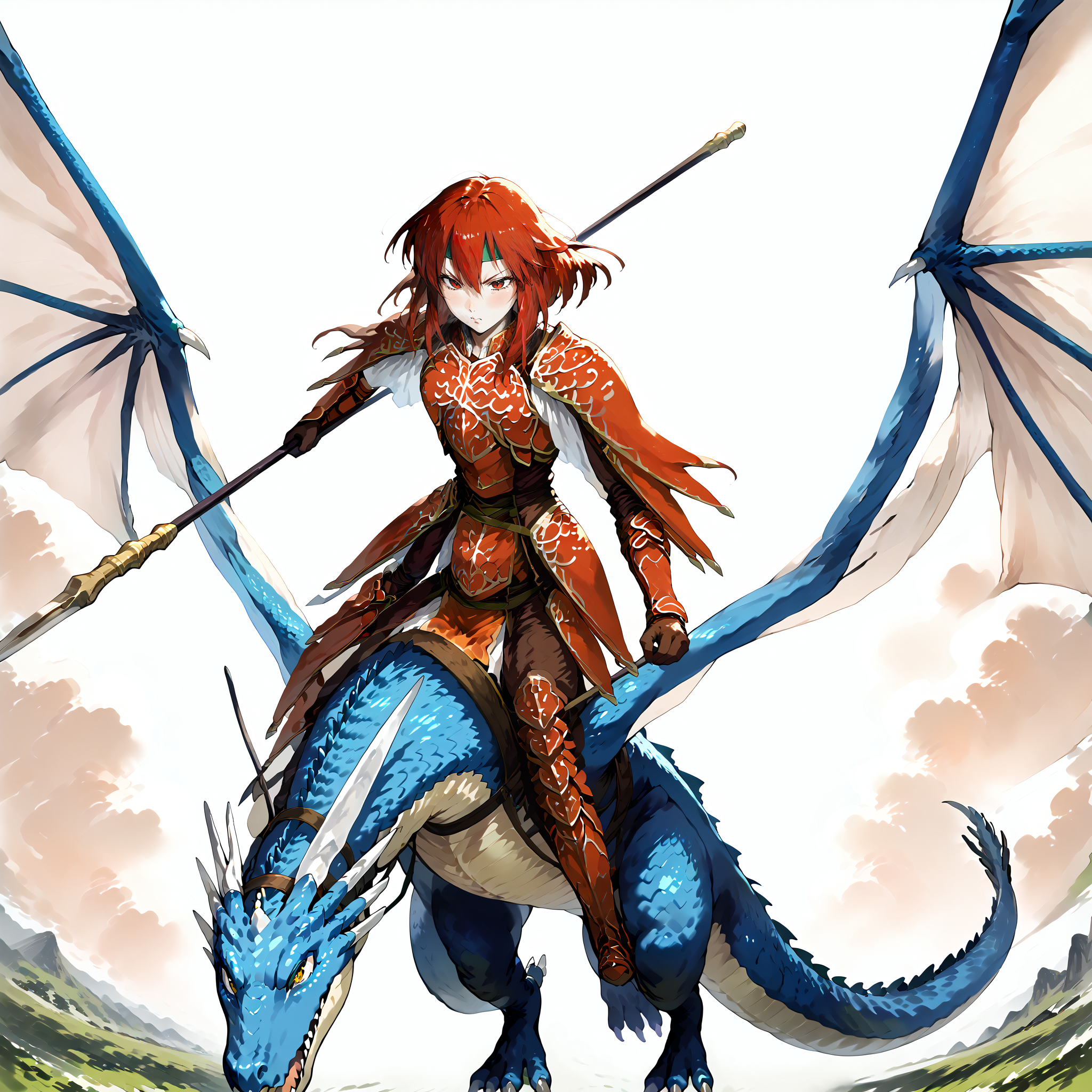 score_9,score_8_up,score_7_up,zPDXL3,unaestheticXL_3x3,field,sky,1girl,1other,<lora:Pony_DetailV2.0:1>,
BREAK wyvern rider,dragon wings,knight,green dragon,dragon riding,polearm,holding polearm,holding weapon,flying,<lora:wyvern rider-pony-v2:1>,fighting stance,v-shaped eyebrows,serious BREAK feMva,red hair,short hair,red eyes,green headband,red armor,shoulder armor,gauntlets,gloves,brown pants,pelvic curtain,armored boots,<lora:feminerva-pdxl-nvwls-v1:1>,