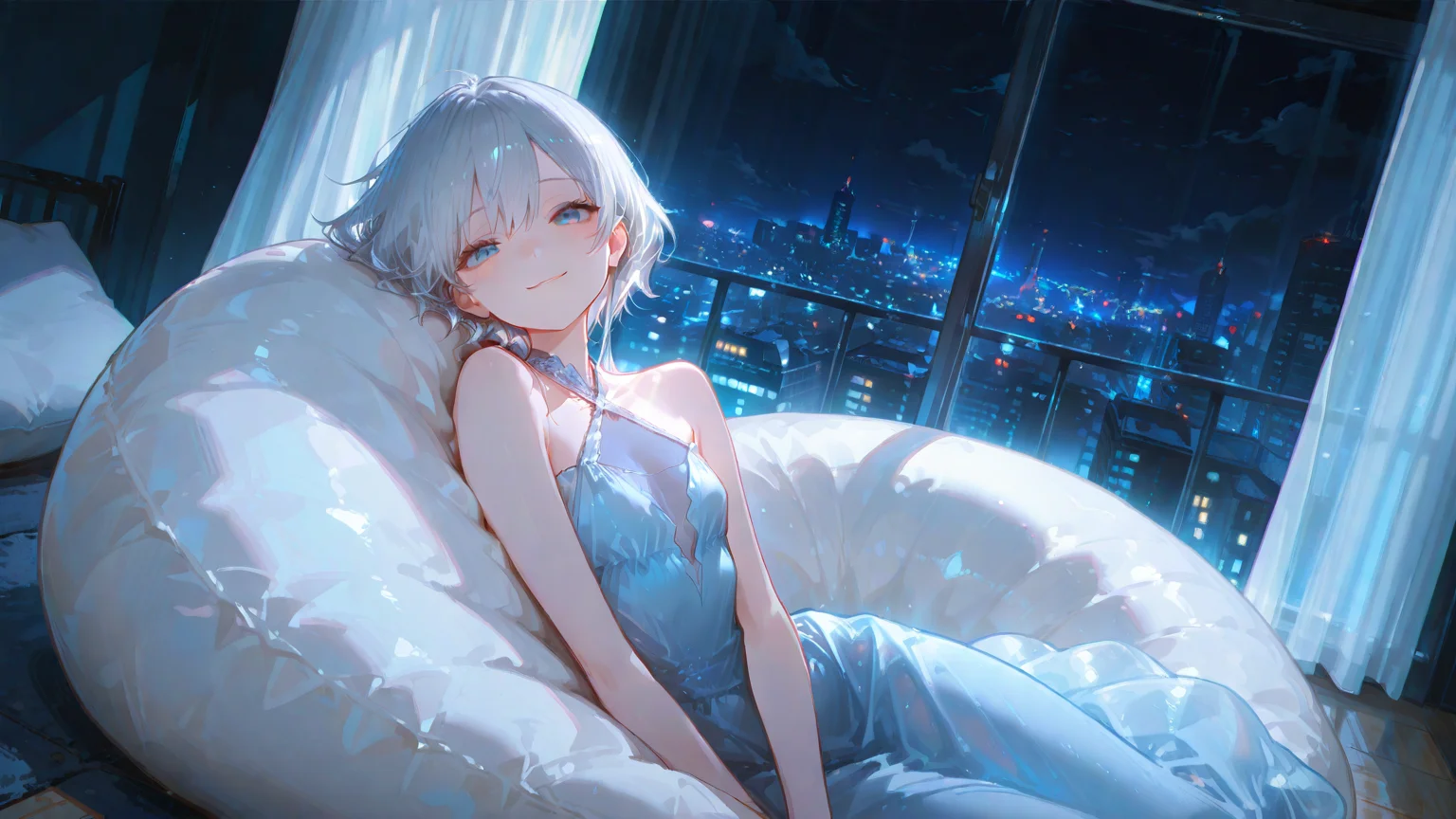 artist:, masterpiece, newest, very aesthetic, very awa, absurdres, highres, 1girl, detailed eyes, small slim girl, disheveled silver-haired, blue eyes, halter dress, long dress, blue casual dress,see-through cleavage, sitting on bean bag chair, pillow, happiness, gentle smile, looking at viewer, (((night scene, window, curtain, city lights))), dimmed environment lights, dutch angle,upper body shot, usnr