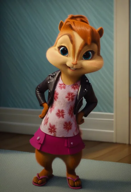 score_9, score_8_up, score_7, score_6, detailed background, indoors , lounge, windows, painted walls, brittany miller, chipmunk, furry, short ears, white floral shirt, black leather jacket, floral mini skirt, sandals, standing, hands on hips, looking at viewer, front view, cute smile, 6 inches tall