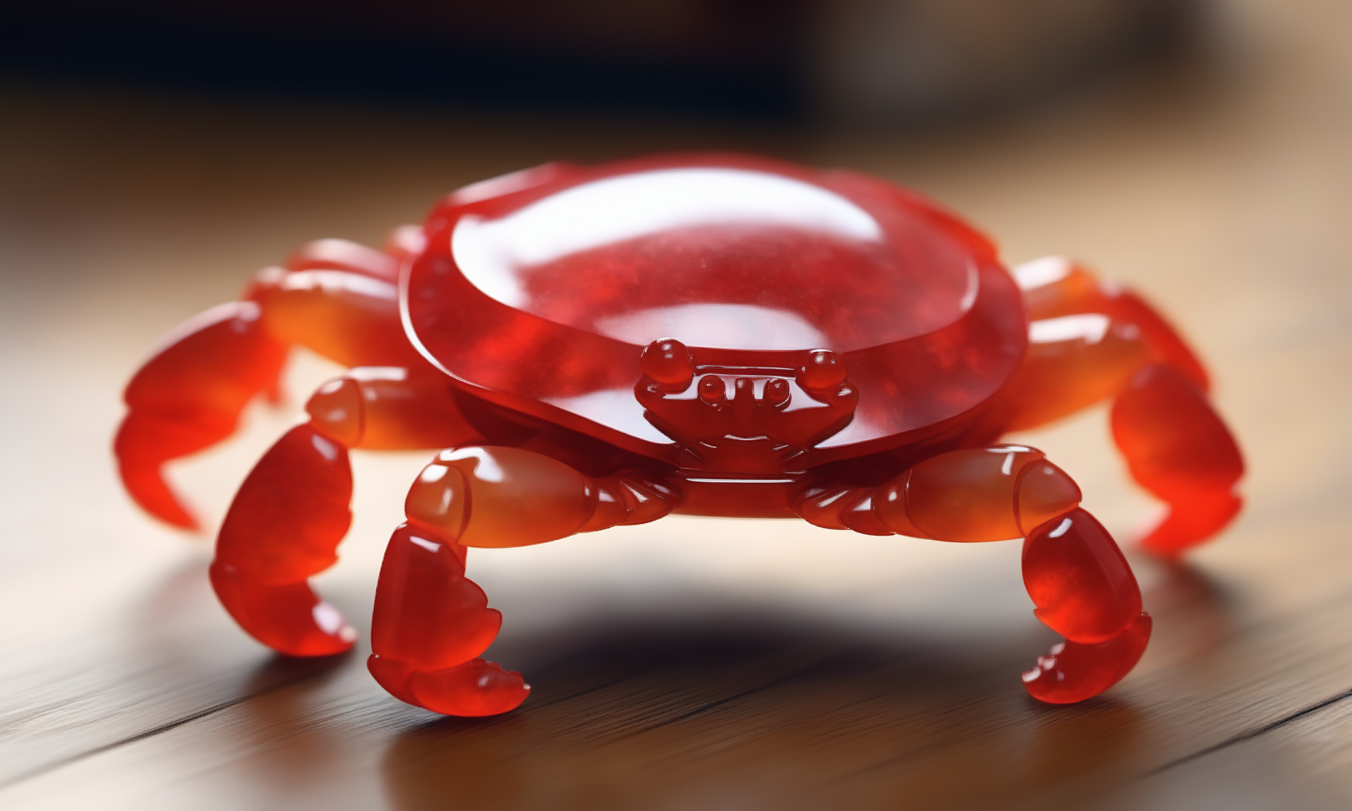 ethereal fantasy concept art of  <lora:jadeitecarvingcd_xl-000006:0.6>,a statue of a crab made of (red jadeite:1.3, transparent:1.3) on floor,tilt-shift,miniature,jadeitecarvingcd_xl with (red theme:1.3),no humans,long-focus,indoors,chinese zodiac,wooden table,cutie,cute,still life,animal statue,front view,facing viewer,looking at viewer . magnificent, celestial, ethereal, painterly, epic, majestic, magical, fantasy art, cover art, dreamy