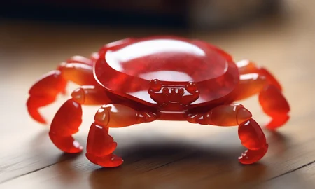 ethereal fantasy concept art of <lora:jadeitecarvingcd_xl-000006:0.6>,a statue of a crab made of (red jadeite:1.3, transparent:1.3) on floor,tilt-shift,miniature,jadeitecarvingcd_xl with (red theme:1.3),no humans,long-focus,indoors,chinese zodiac,wooden table,cutie,cute,still life,animal statue,front view,facing viewer,looking at viewer . magnificent, celestial, ethereal, painterly, epic, majestic, magical, fantasy art, cover art, dreamy