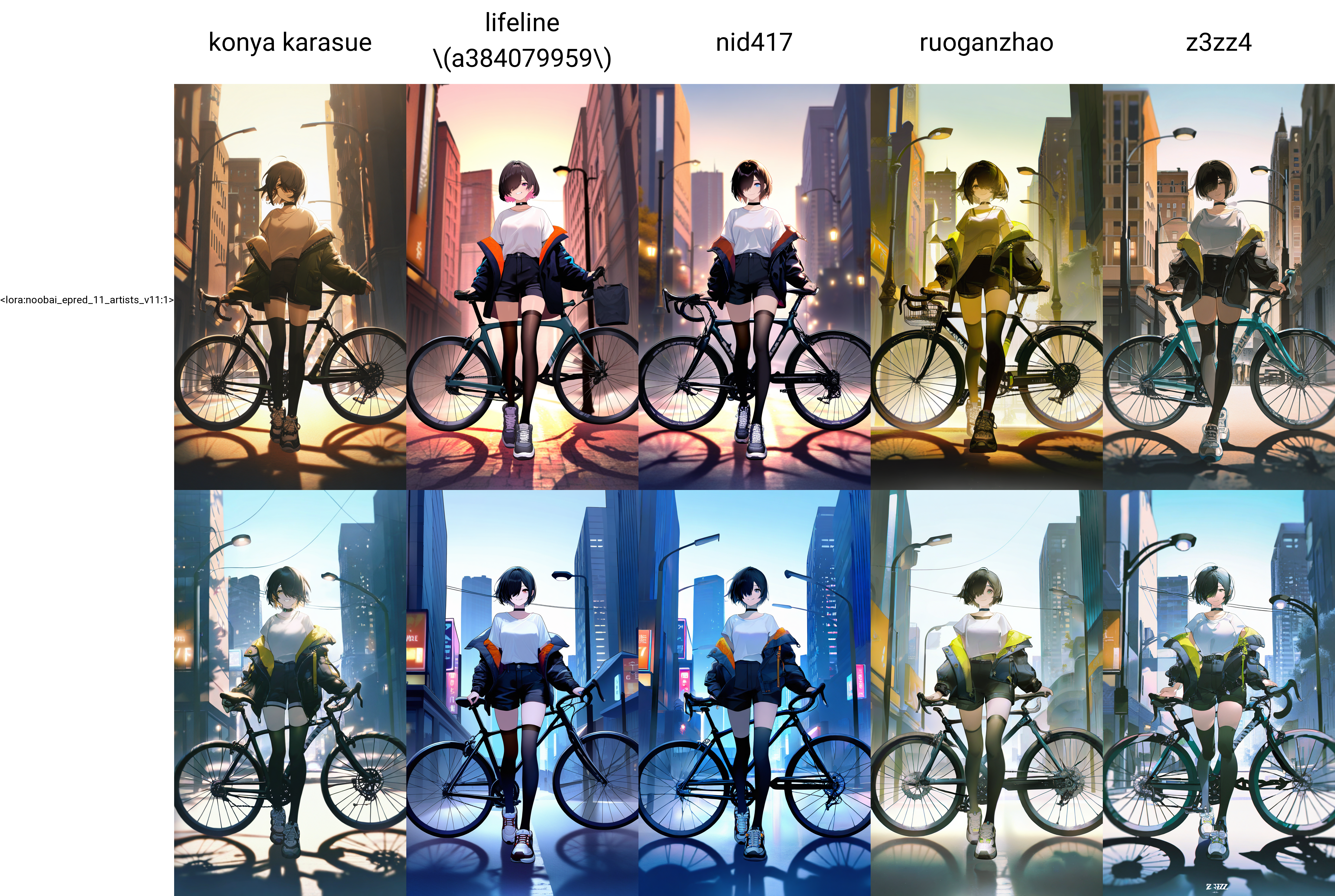 by konya karasue,
1girl, solo, bicycle, outdoors, jacket, short hair, lamppost, sneakers, shorts, hair over one eye, city, sky, building, off shoulder, looking at viewer, full body, choker, white shirt, standing, black thighhighs, smile, walking,
masterpiece, best quality, very awa, absurdres
<lora:noobai_epred_11_artists_v11:1>