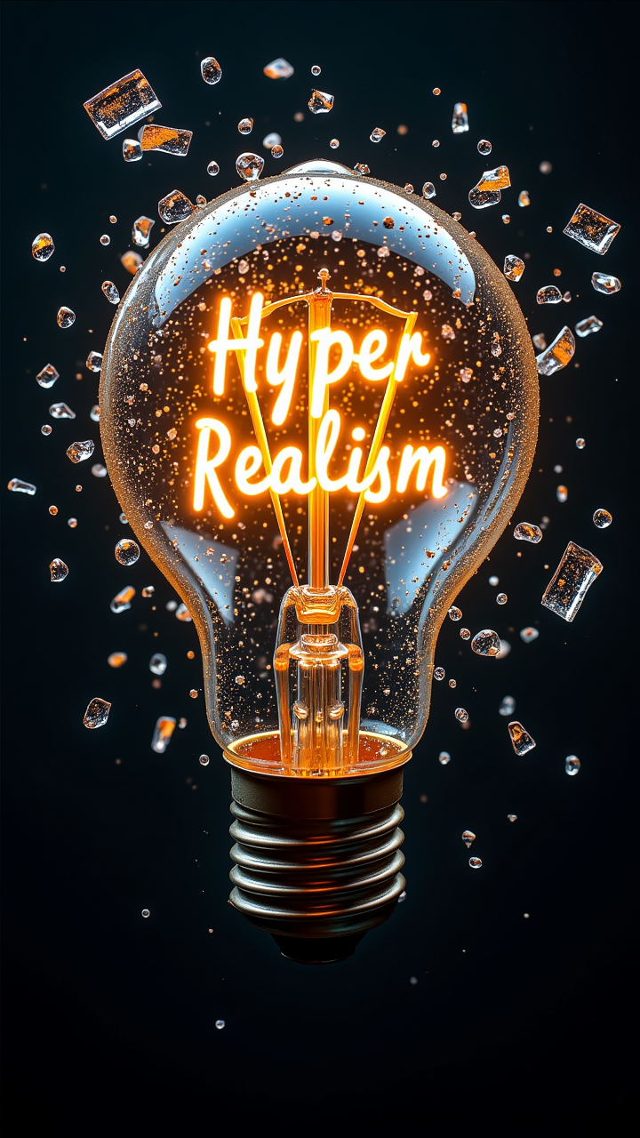 A hyperrealistic rendering of a lightbulb shattering mid-air, glass fragments suspended in time. The text "Hyper Realism" is written in the glow of the filament, while "by aidma" is reflected in the shards of glass.  , aidmaHyperrealism, aidmatextimprover
