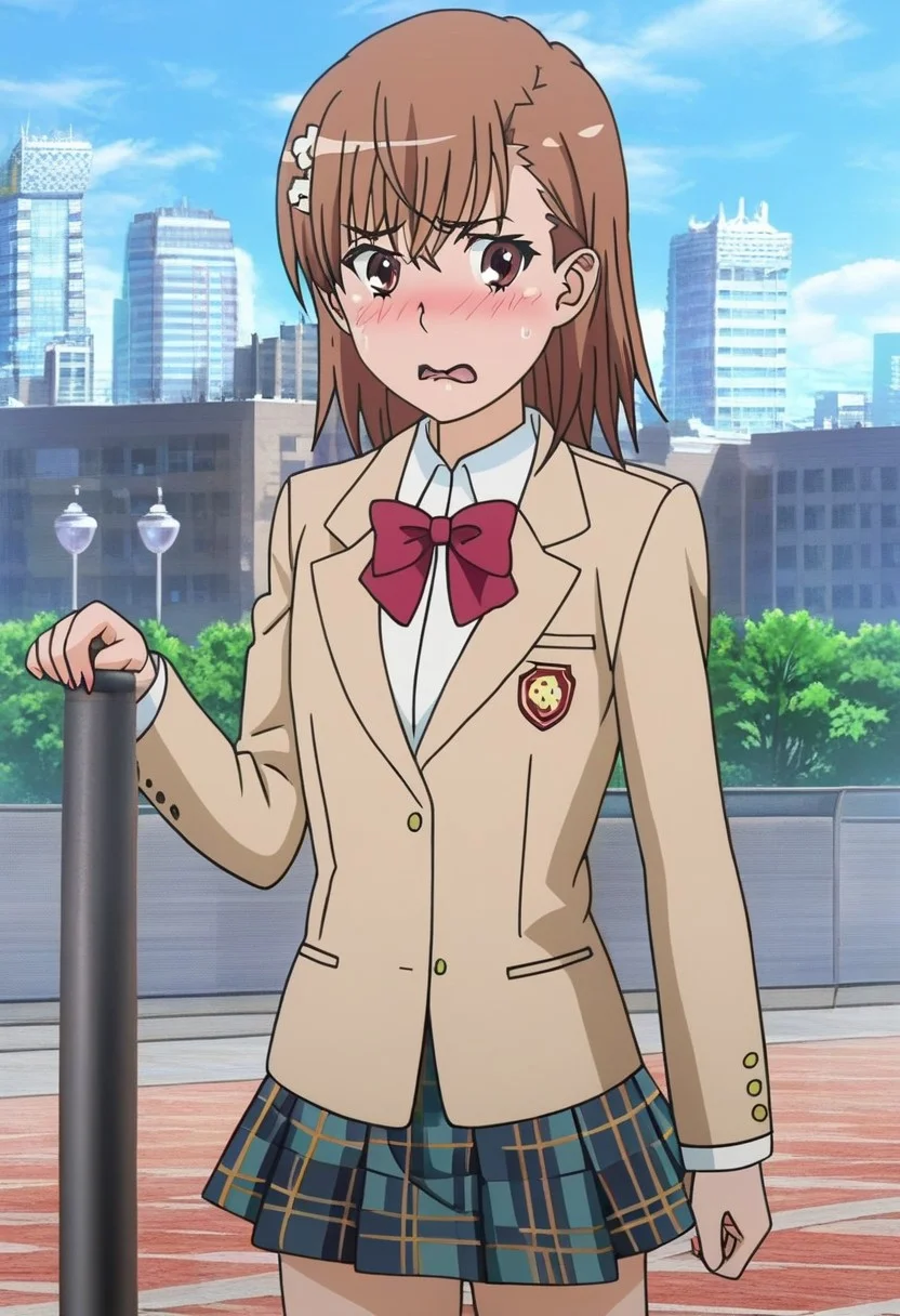 masterpiece, best quality, absurdres, highres, intricate details, very aesthetic, on-model, accurate art style, anime screencap, anime coloring, show accurate, cartoon screencap, movie accurate, official screencap, style parody, flat colors, official art, proper proportions, extremely detailed, newest, 2024, BREAK, 1girl, misaka mikoto, short hair, brown hair, hair ornament, hair flower, school uniform, tokiwadai school uniform, whit shirt, bow, red bow, jacket, bowtie, blazer, brown jacket, red bowtie, plaid skirt, pleated skirt, plaid, shorts, white socks, loafers, brown loafers, shoes, BREAK, standing, embarrassed, blushing, BREAK, detailed background, outdoors, city landscape, sidewalk, cowboy shot, BREAK, vibrant colors, cinematic lighting, 75% soft lighting, 25% dark lighting
