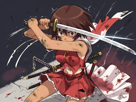 anime artwork Masterpiece, high quality, score_9, score_8_up, score_7_up, 1girl, scared, trembling, unsteady, despair, gloom \(expression\), looking at viewer, blue rags, shredded dress, sleeveless, stomach cutout, torn clothes, dirty, holding sword, perspective, foreshortening, sword focus, broken sword, blood, from above, <lora:high_guard_sword_parry_stance:0.9> high guard sword parry stance, katana, <lora:kagura-v1_pdxl:0.8> kagura (azumanga daioh), brown hair, tan, medium breasts, . anime style, key visual, vibrant, studio anime, highly detailed