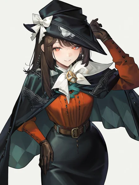 1girl,solo,looking at viewer,simple background,white background,smile,cowboy shot,<lora:semmelweis-000012:0.9>,semmelweis,, masterpiece, best quality, very aesthetic, absurdres,newest, incredibly absurdres,