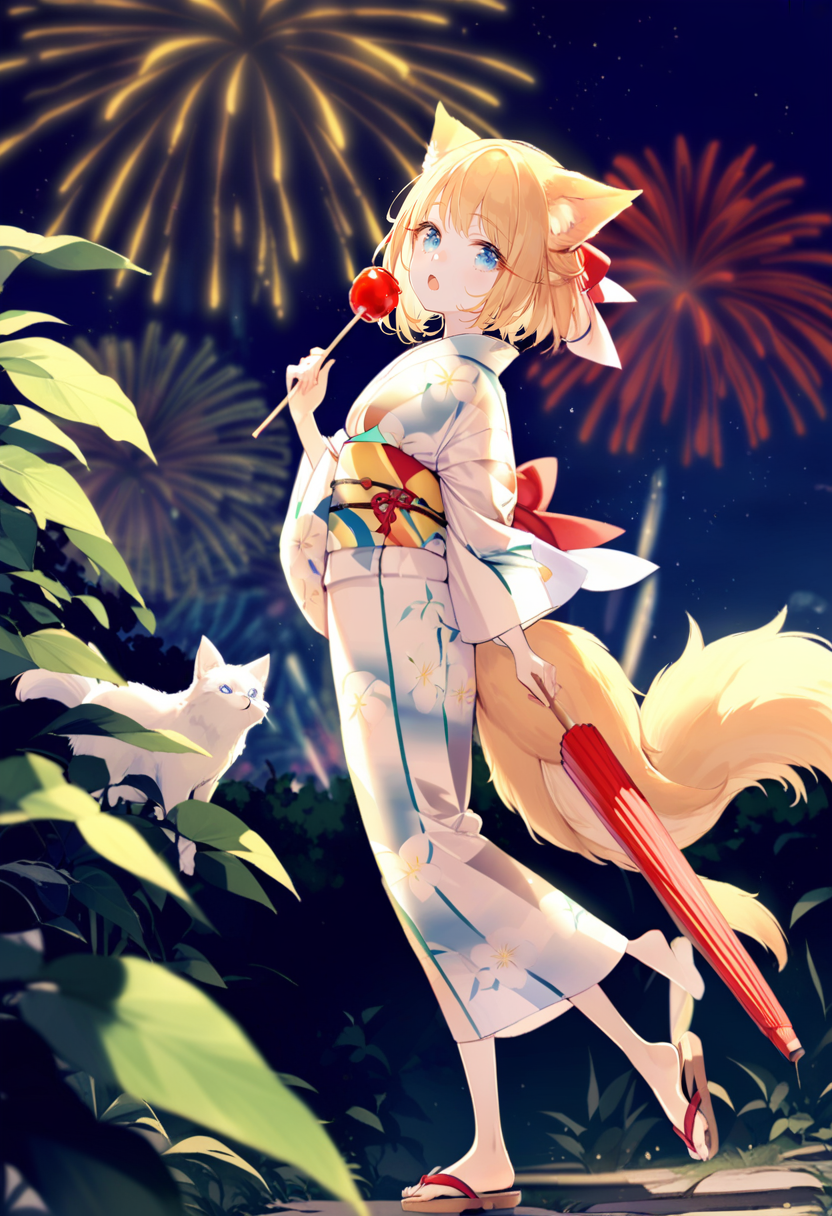 masterpiece, best quality, <lora:yoggiXL_ANI31_lokr_V43P1:0.95>  1girl, kimono, japanese clothes, animal ears, tail, food, umbrella, fox tail, blonde hair, fireworks, solo, holding, night, blue eyes, outdoors, flower, fox ears, aerial fireworks, obi, sash, holding food, sandals, fox girl, bow, night sky, hair bow, sky, open mouth, candy apple, yukata, print kimono, multiple tails, floral print, wide sleeves, holding umbrella, standing, kitsune, long sleeves, oil-paper umbrella, looking at viewer, red bow, closed umbrella, full body, plant, white flower, walking, :o, short hair, white kimono, zouri, animal ear fluff, blurry, cat, depth of field, star \(sky\)