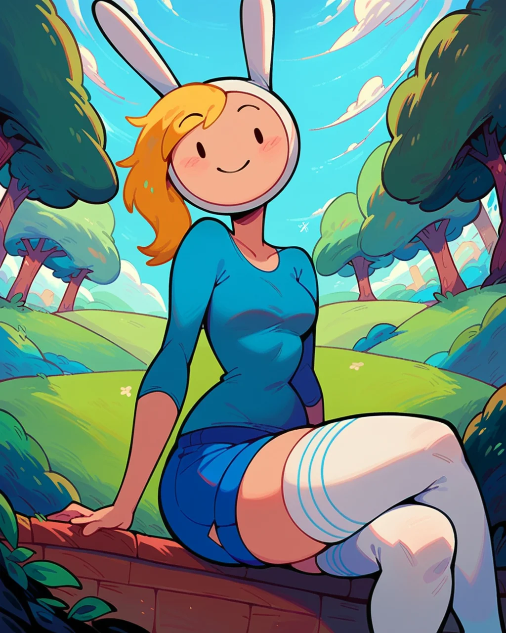 score_9_up, score_8_up, 1girl, solo, Fionna, fionna the human girl, blue shirt, thighhighs, long sleeve shirt, collarbone, blue mini shorts, crossed legs, happy, smile, looking at viewer, seductive pose, dynamic angle, outdoors, <lora:Fionna_PDXL_V1.1:1>