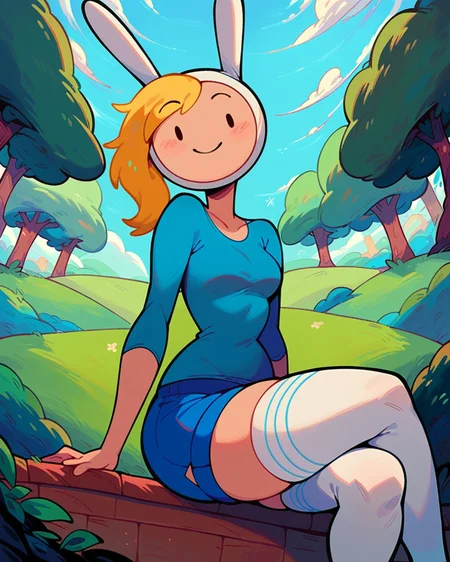 score_9_up, score_8_up, 1girl, solo, Fionna, fionna the human girl, blue shirt, thighhighs, long sleeve shirt, collarbone, blue mini shorts, crossed legs, happy, smile, looking at viewer, seductive pose, dynamic angle, outdoors, <lora:Fionna_PDXL_V1.1:1>