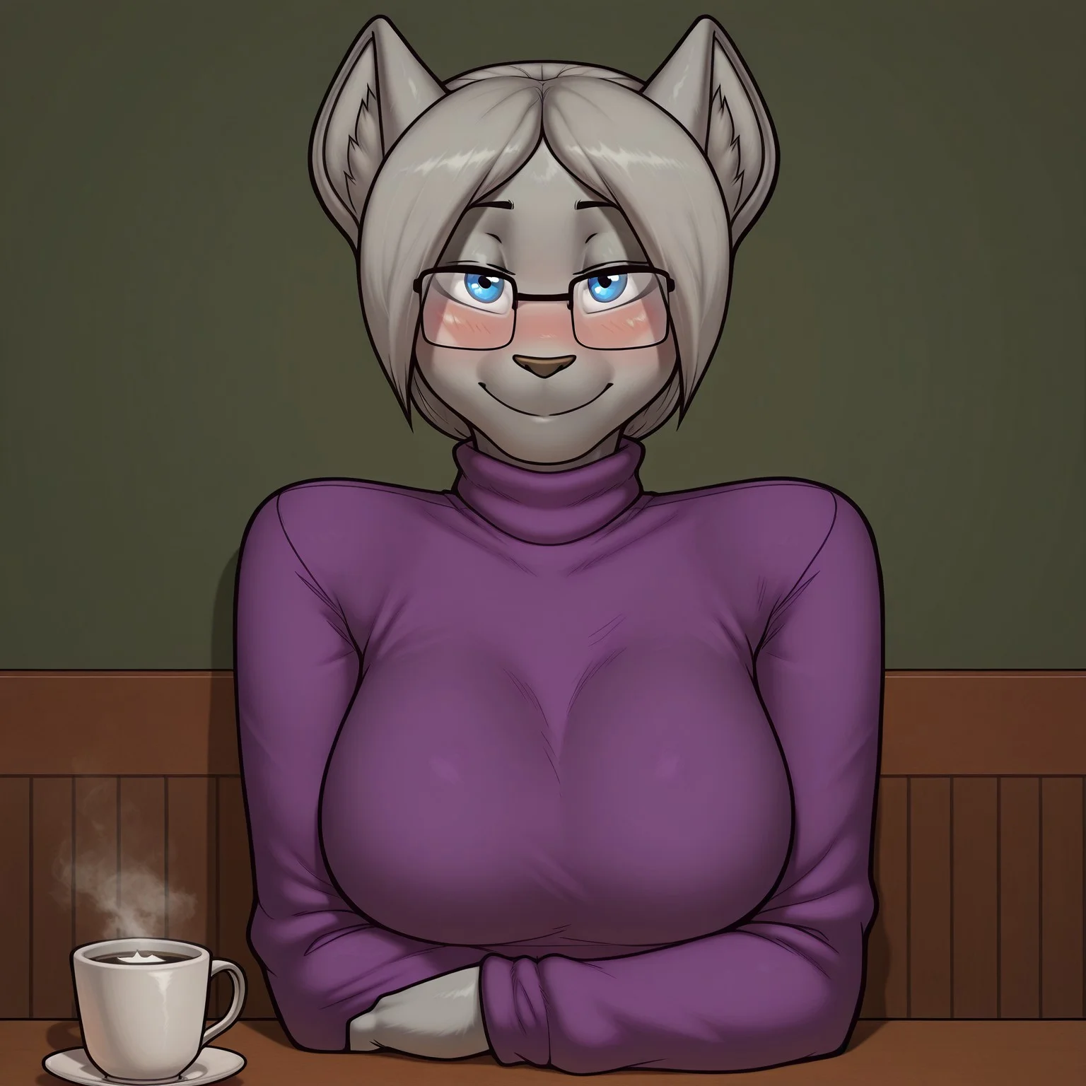 safe_pos, safe_pos, safe_pos, safe_pos, masterpiece, best quality, highly detailed, realistic, 1girl, solo, AgathaJW, furry, anthro, feline, female furry, inner ear fluff, black eyebrows, thin eyebrows, light-brown nose, grey hair, long hair, blue eyes, black pupils, square glasses, eyewear, grey body, grey fur, big breasts, purple turtleneck, upper body, table, coffee, steam from coffee, coffee shop, arm rest, sitting, smile, eyes closed, blushing, front view, detailed background, arrusa, looking at viewer, ponytail