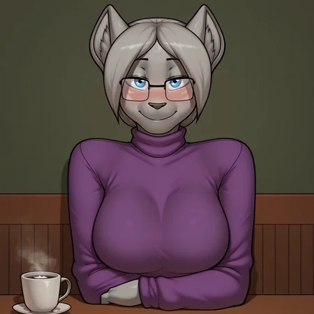 safe_pos, safe_pos, safe_pos, safe_pos, masterpiece, best quality, highly detailed, realistic, 1girl, solo, AgathaJW, furry, anthro, feline, female furry, inner ear fluff, black eyebrows, thin eyebrows, light-brown nose, grey hair, long hair, blue eyes, black pupils, square glasses, eyewear, grey body, grey fur, big breasts, purple turtleneck, upper body, table, coffee, steam from coffee, coffee shop, arm rest, sitting, smile, eyes closed, blushing, front view, detailed background, arrusa, looking at viewer, ponytail