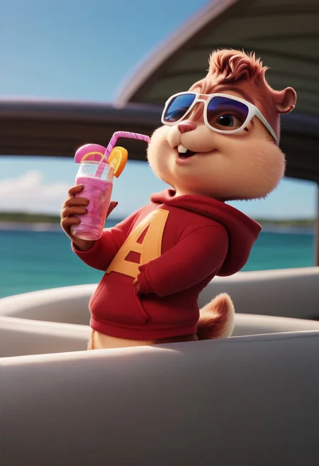 AlvinSeville, furry male, solo, chipmunk, sunglasses, red hoodie, tail, upper body, Realistic, on a yacht, drinking lemonade, pink lemonade, ocean, blue sky