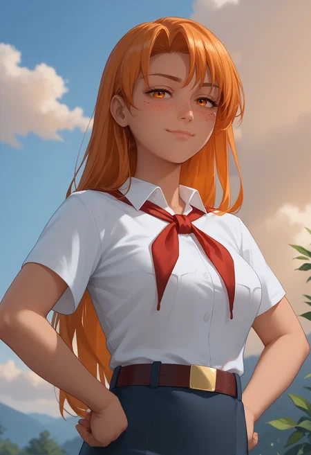 score_9, score_8_up, score_7_up,
best quality, masterpiece, ultra detailed, aesthetic,
22 years old, 168 cm height,
<lora:Expressive_H:1>, light smile, closed mouth, blush, mature
, solo focus, from below, from side,
<lora:Everlasting_Summer_Alisa_by_GraffMetal:0.7>, aliska, orange hair, long hair, right side bangs, orange eyes, face freckles, body freckles, medium breasts, dark-skinned female, dark skin, 1girl, solo,
sky, outdoors, shirt, white shirt, cloud, short sleeves, breasts, red neckerchief, closed mouth, collared shirt, half-closed eyes, upper body, smug, blurry, neckerchief, bangs, hands on hips, evening, belt,
amazing background, cozy, cinematic,
<lora:Better_Quality_by_GraffMetal_V2.1_Style:0.7>,
<lora:Everlasting_Summer_Vanilla_Style_by_GraffMetal_3.0:0.5>,