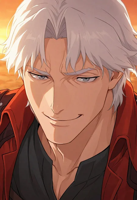 masterpiece, very aesthetic, absurdres, best quality, detailed face, detailed eyes, intricate details, 1boy, solo, dante, smile, smirk, single eyebrow up, white hair, curtained hair, armor, open jacket, shoulder armor, red jacket, shirt, coat, black shirt, jacket, grey eyes, closeup, portrait, outdoors, sunset, fantasy, cinematic,