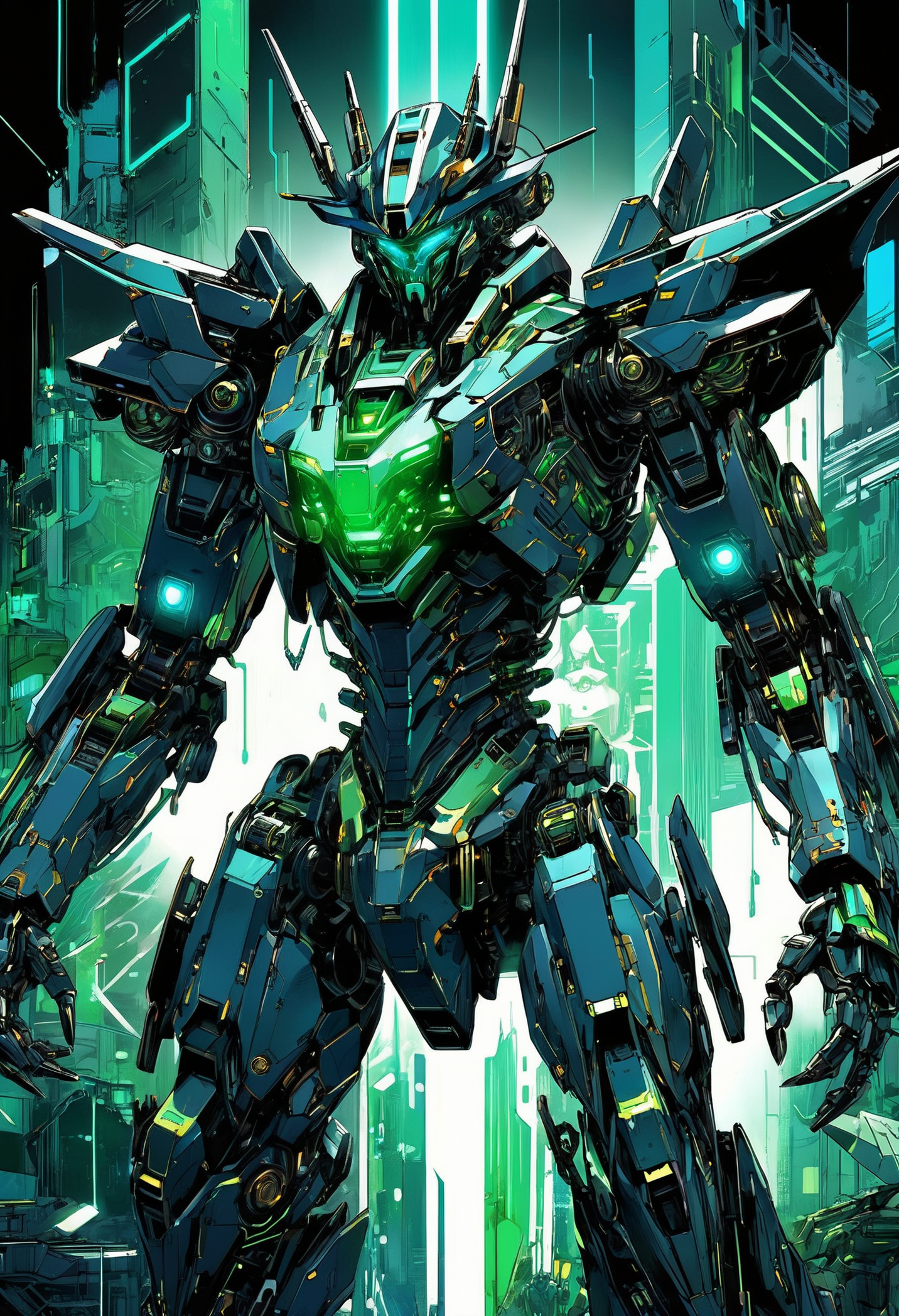 Manga art, a futuristic mecha, insanely intricate details, minimalist, inspired by Norse mythology fused with Alien tech, 8k, masterpiece, award winning art, greens and blues, vibrant neon colors, deep dark contrasting, vector artwork, art by Yoji Shinkawa