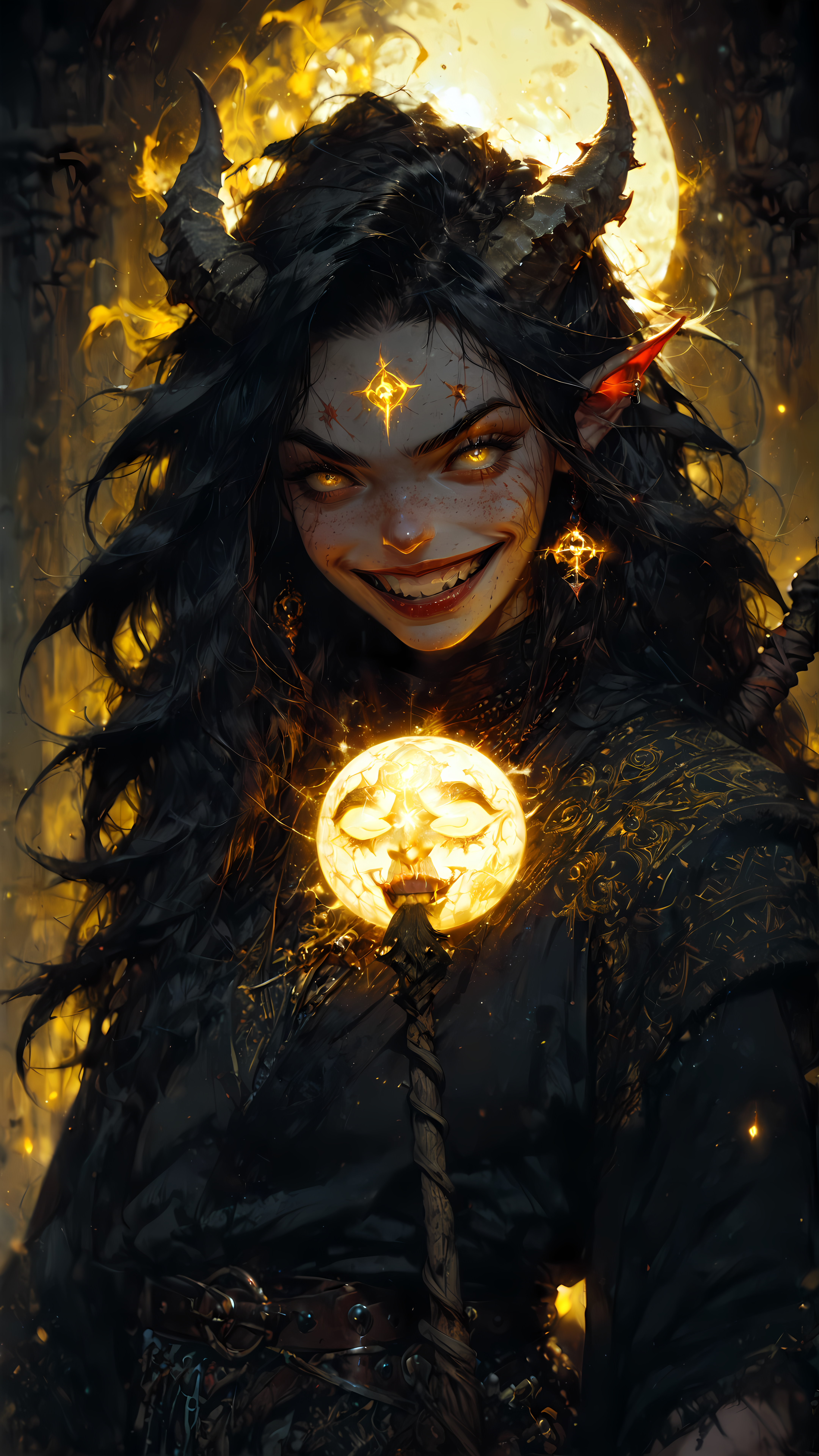 core_9, score_8_up, score_7_up, rating_safe,  dnd, d&d, warlock, tiefling, 
1girl, solo, standing in alcove, stonework, staff, holding glowing orb, evil smile, raised eyebrow, long hair, messy hair, horror, lovecraftian horror, yellow haze, glow from behind, laugh, open mouth, smirk, black hair, open white blouse, black jacket, leather belt, red skin, yellow glowing rune tattoos, horns, 
<lora:Expressive_H:1> <lora:Fant5yP0ny:1> <lora:Vixons Pomy Styles Gothic Neon:.45> <lora:HKStyle_V3:1>  <lora:Flash_Glowing_Runes_SDXL:1>  <lora:disgusted_face_xl_goofy:1>