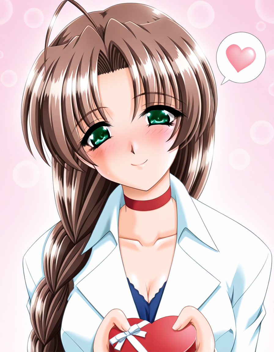 masterpiece, best quality, amazing quality, very aesthetic, absurdres, official art, ultra detailed, game cg, 
1girl, solo, shinohara_shizue, green eyes, brown hair, long hair, ahoge, braid, large breasts, gleaming skin, BREAK 
formal white suit, white collar, red choker, blue shirt, collarbone, 
lovestruck, happy, blush, head tilt, looking at viewer, spoken heart, standing, holding heart gift, gradient background, pink background, front view, upper body, highly detailed, best hands  <lora:Shinohara Shizue v1.0-000013:1>