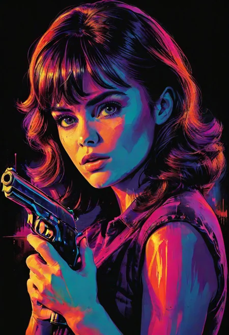 impactful color paint of a bangs haired woman holding a pistol, highly detailed, vibrant colors, 8k, sharp, professional, clear, high contrast, high saturated, vivid deep blacks, crystal clear, movie poster, sharp edges