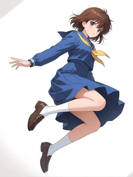 masterpiece,best quality,newest,
1girl,solo,
<lora:yukimura_keiko_ilxl_v1.1:1>,y_keiko,brown eyes,bangs,brown hair,short hair,
k_clothes,blue sailor suit,long_sleeves,blue shirt,yellow neckerchief,blue long skirt,socks,loafers,
<lora:Fixhands_anime_bdsqlsz_V1:1>,light_blush,cinematic_angle,looking_at_viewer,jumping,full body,parted lips,sweatdrop,white_background,simple_background,