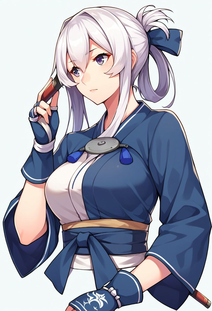 score_9, score_8, score_7, source_anime, ainu, fingerless gloves, sash, hair between eyes, large breasts, white hair, kamoi (kancolle), folded ponytail, weapon, cropped jacket, wrist guards
