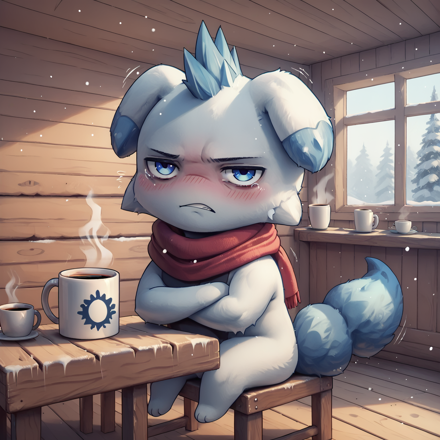 score_9, score_8_up, score_7_up, score_6_up, score_5_up, score_4_up, fr0stwrld, snow, ice <lora:Fr0stWrld4:0.8> BREAK
<lora:Depresso_PDXL_v21-000010:0.9> Depresso, white body, blue hair, blue eyes, blue tail, looking at viewer, tired, bored, open mouth, clenched teeth, crossed arms, (shivering, motion lines:1.1), blush lines, red scarf, inside, wood wall, table, coffee, coffee mug, chibi, sitting, chair, solo