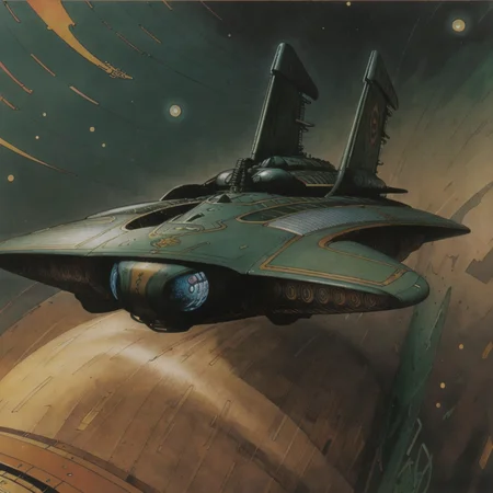 (Masterpiece), artwork, moebius steampunk, a picture of a fleet of elegantly streamlined, elongated, majestic, gigantic, powerfull and heavy armored and armed Aztec dark-green steampunk space flying fortress destroyer, in space, view from the side, best quality, ultra high res, cinematic lighting, dramatic lighting, glorious, spectacular, dslr, ultra quality, sharp focus, tack sharp, dof, film grain, technicolor, Fujifilm XT3, photorealistic, 8K UHD <lora:Don_Lawrence_Storm_v1:0.9>, dlstormstyle, <lora:Moebius:0.9> <lora:Nouveau_last:0.7>, art nouveau Style,