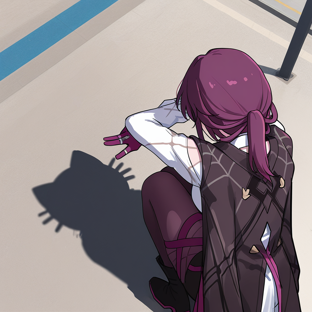masterpiece,best quality,year 2024,newest,absurdres,high resolution,ultra-detailed,incredibly absurdres,
1girl,<lora:catshadow>,catshadow,facing away,from above,squatting,from behind,shadow,solo,full body,honkai: star rail,kafka \(honkai: star rail\),