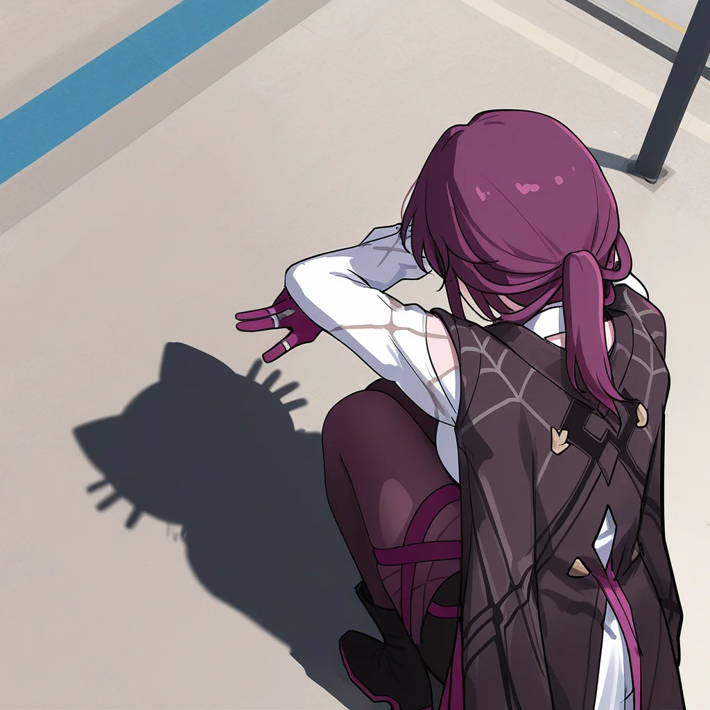 masterpiece,best quality,year 2024,newest,absurdres,high resolution,ultra-detailed,incredibly absurdres,
1girl,<lora:catshadow>,catshadow,facing away,from above,squatting,from behind,shadow,solo,full body,honkai: star rail,kafka \(honkai: star rail\),