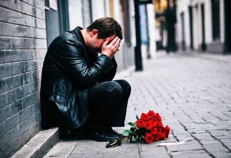 man sits with head bowed on a street pavement, in his hand he clutches a bunch of red roses, he looks like he is wiping away tears