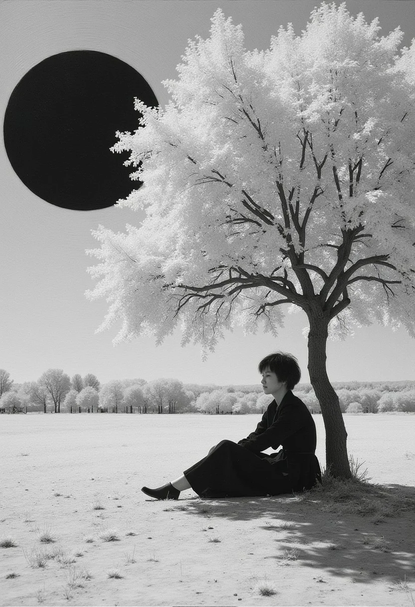 m0d3rn1mpr impressionist oil painting of a young Korean woman, infrared image, black and white, monochrome, sitting under a lone tree with white leaves in a desolate barren field, black sun in the sky, feelings of isolation and loneliness and sadness